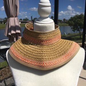 Sun and Sand Headwear Straw Head Visor Tan Coral Accent Breathable Beachwear O/S